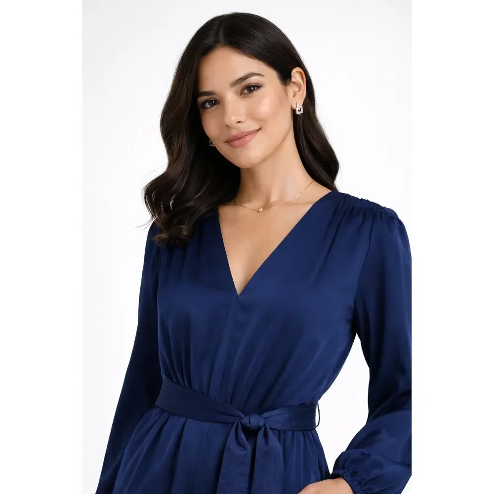 Ann Taylor V Neck Long Sleeve Satin Jumpsuit Deep Ocean Blue Womens Size 8 New